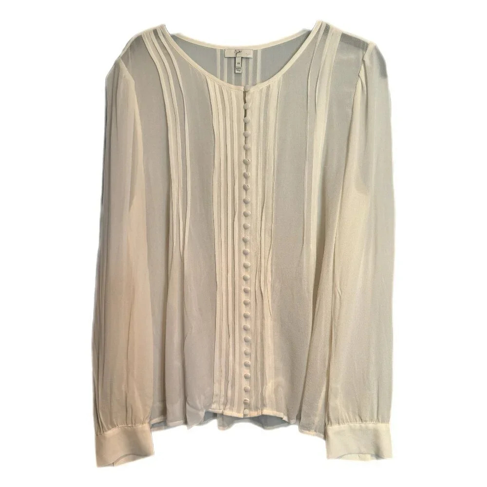 Joie 100% Silk Blouse Sz Medium  Cream Chiffon Pintuck Pleated Sheer Gauze Crepe